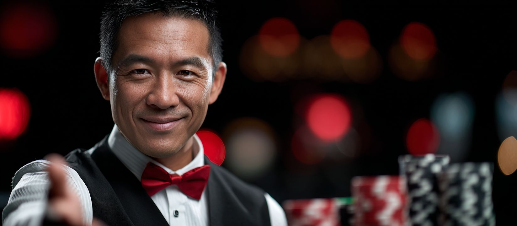 Professional croupier in a red bow tie smiling with poker chips on the table at JI77 Casino