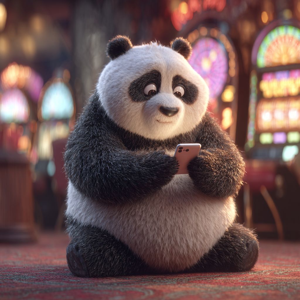 Download the JI77 Casino app and start playing today Cute panda mascot of JI77 Casino sitting on the floor with a smartphone, glowing slot machines in the background