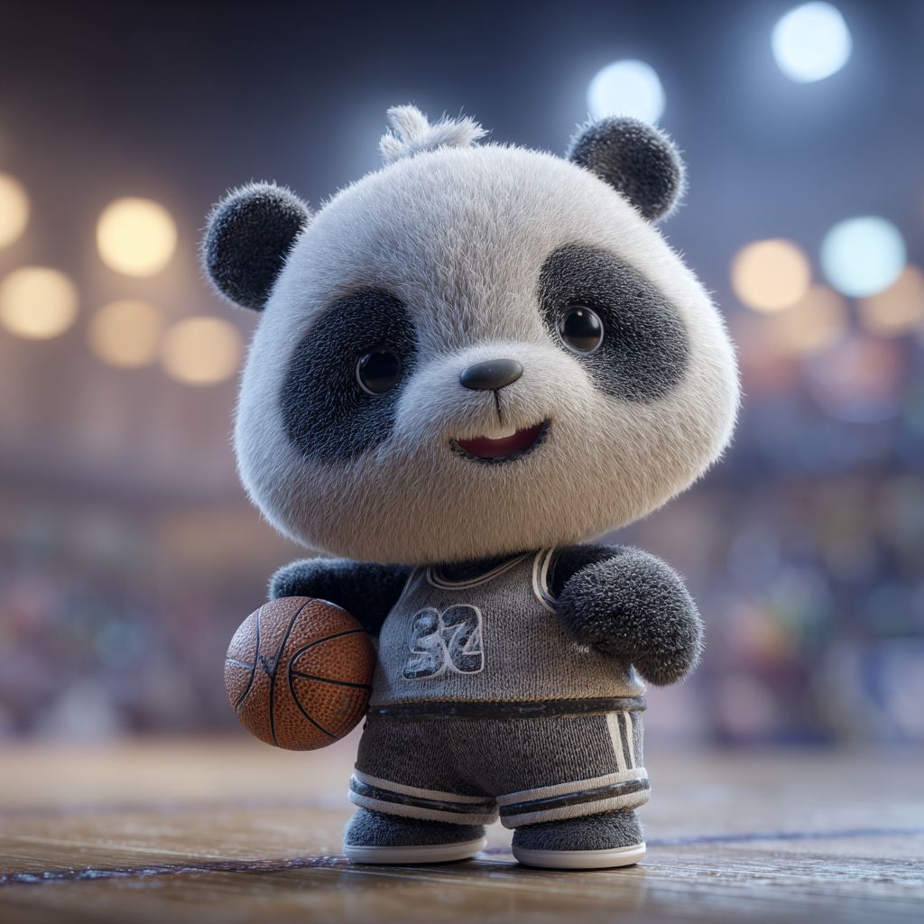 Adorable panda in sports outfit holding a basketball on the court, symbol of JI77 sports betting section