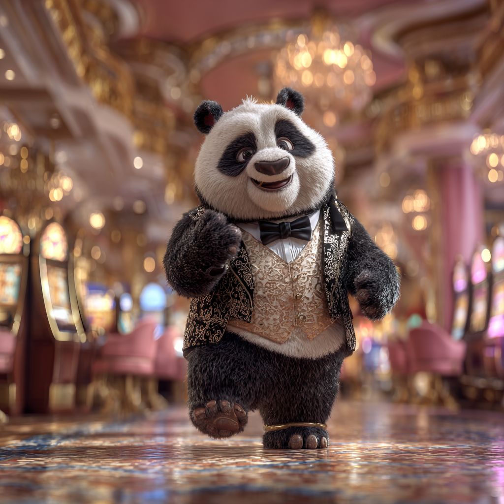 Panda mascot of JI77 dressed in a golden tuxedo walking confidently inside a luxury casino hall