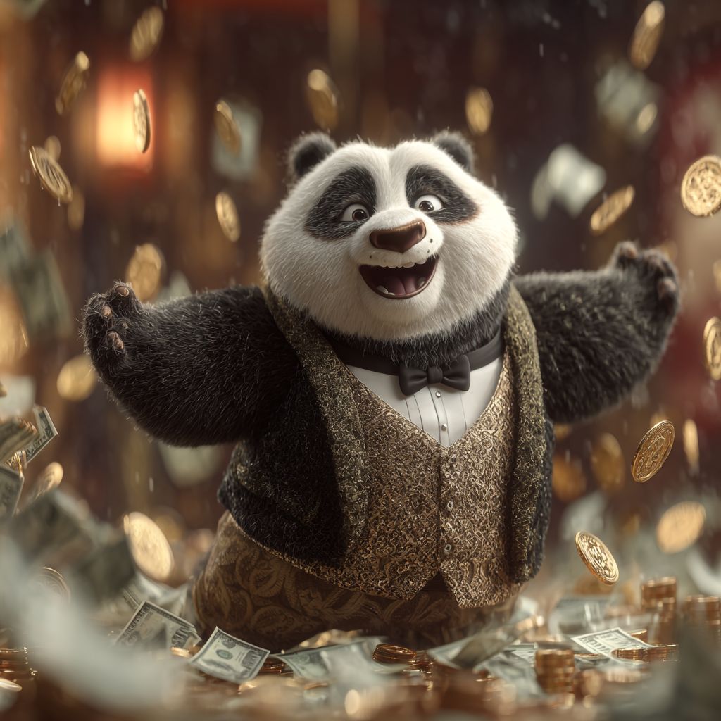 Happy panda in golden vest surrounded by flying coins and cash inside JI77 Casino