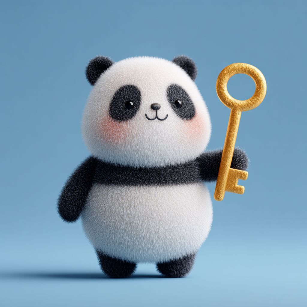 Cute fluffy panda holding a golden key, symbolizing secure login at JI77 Casino
