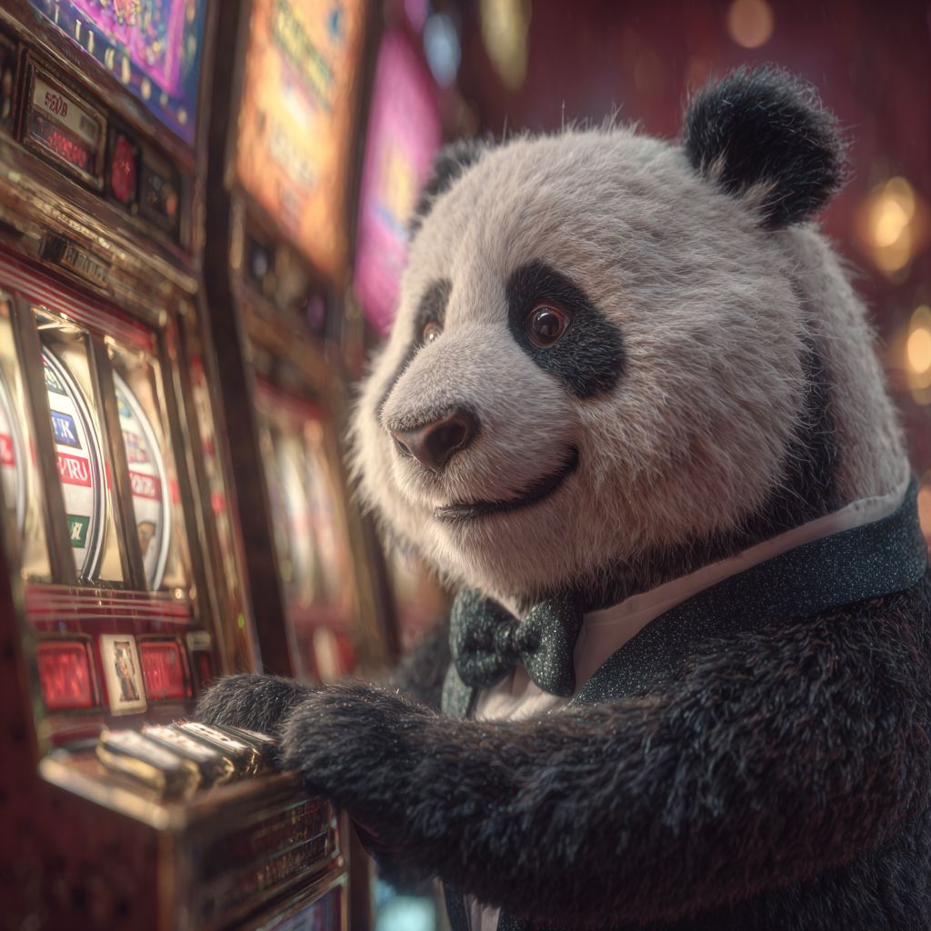Panda mascot of JI77 Casino wearing a bow tie and playing slot machines in a glamorous hall
