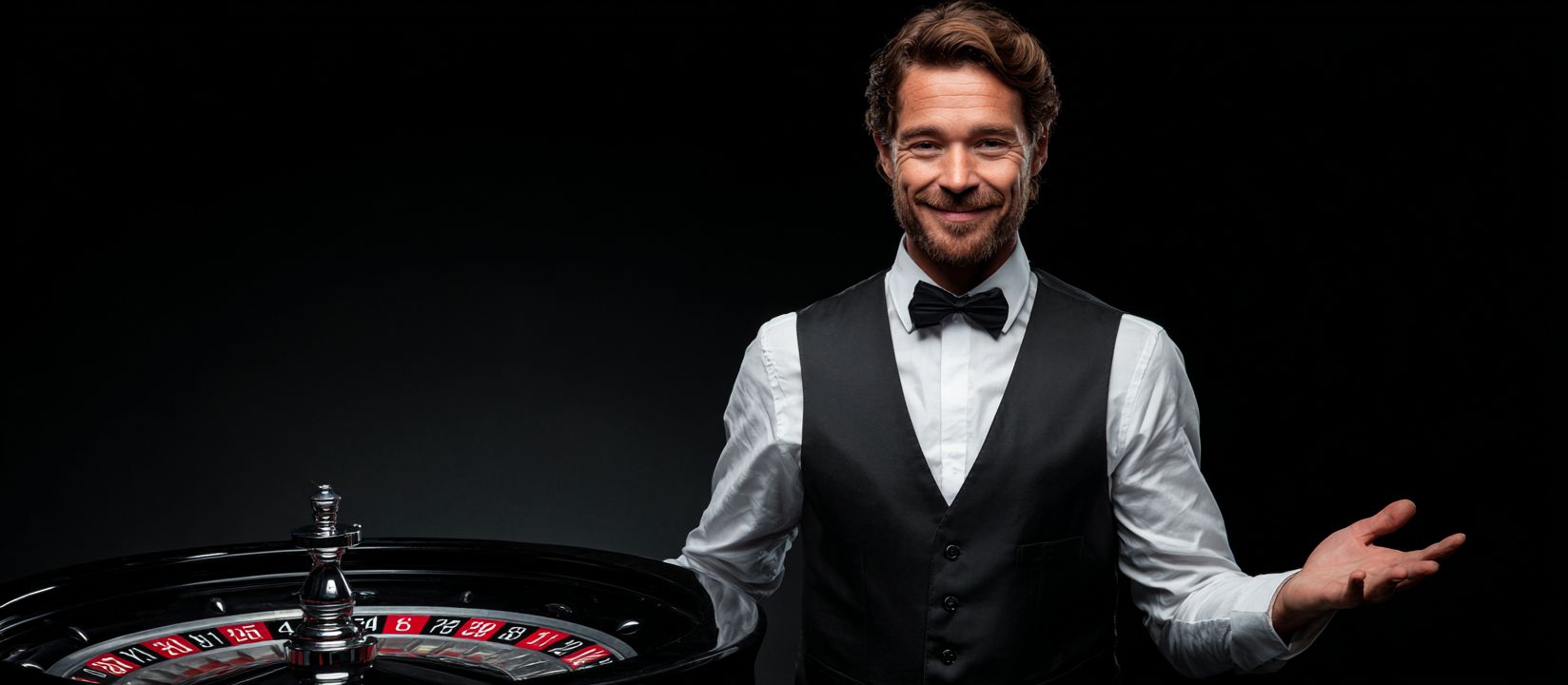 Confident casino dealer with roulette wheel, inviting players to join JI77 Casino