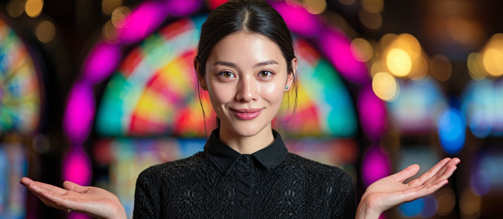 Join JI77 Casino today and enjoy exciting games Elegant woman smiling with colorful slot machines glowing in the background at JI77 Casino