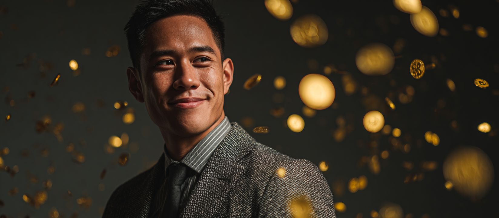 Play at JI77 Casino and win real rewards now Confident man in a stylish suit surrounded by golden coins symbolizing big wins at JI77 Casino