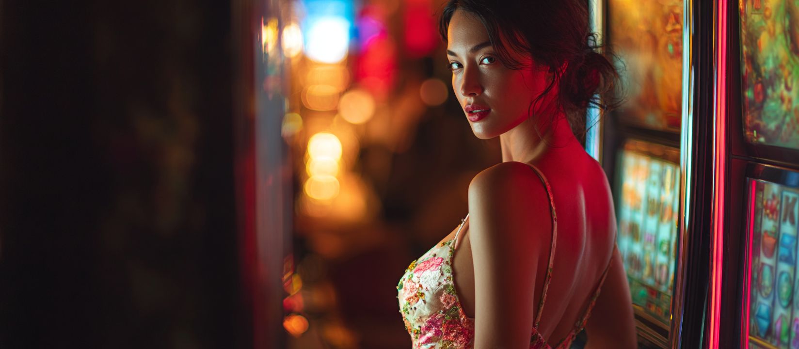 Beautiful woman in a glamorous dress standing next to glowing slot machines at JI77 Casino